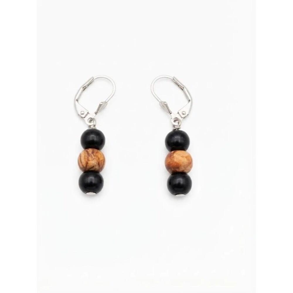 Handmade Black and Tan Wood Bead Dangle Leverback Earrings Artisan Jewelry